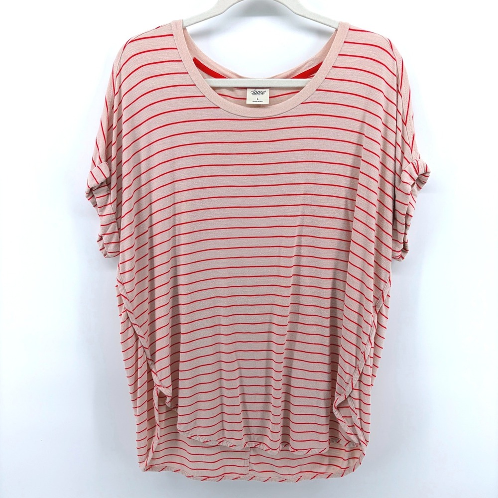 Soma Essential Tee Women's Pink Red Stripe Dolman Sleeve Hi Low‎ Top Large Cozy